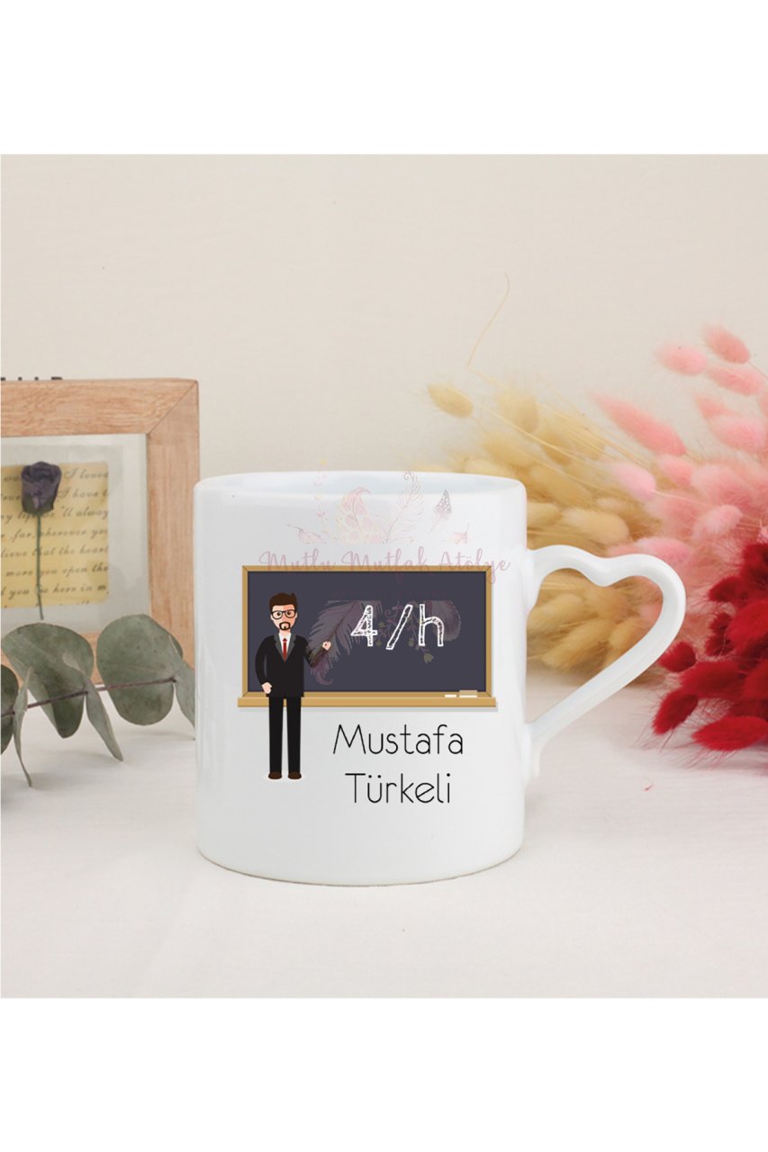 Kişiye Özel Öğretmenler Günü Hediyesi Erkek Öğretmen Mesleki Beyaz Kalpli Kupa Bardak
