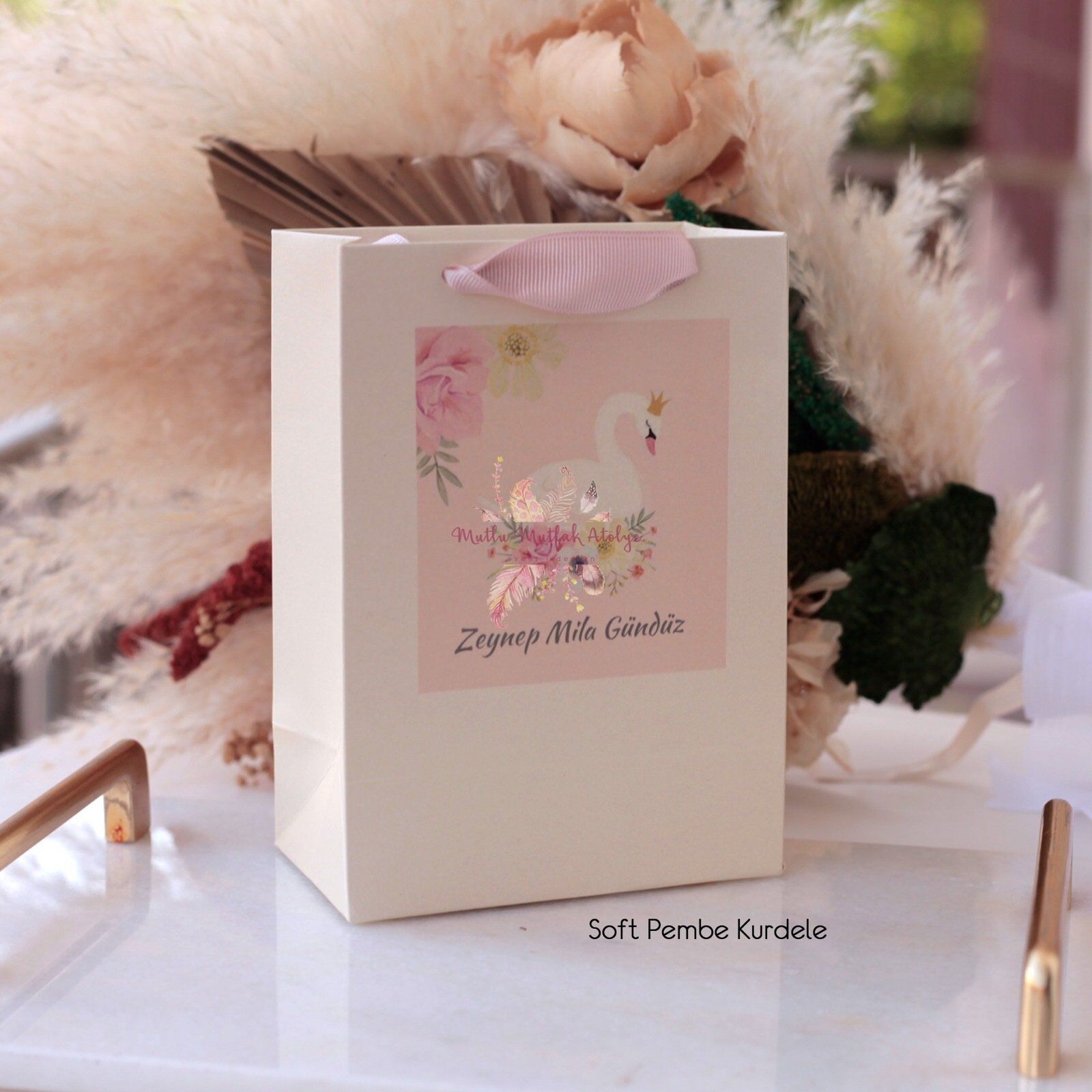 Kuğu Desenli Baskılı Karton Çanta