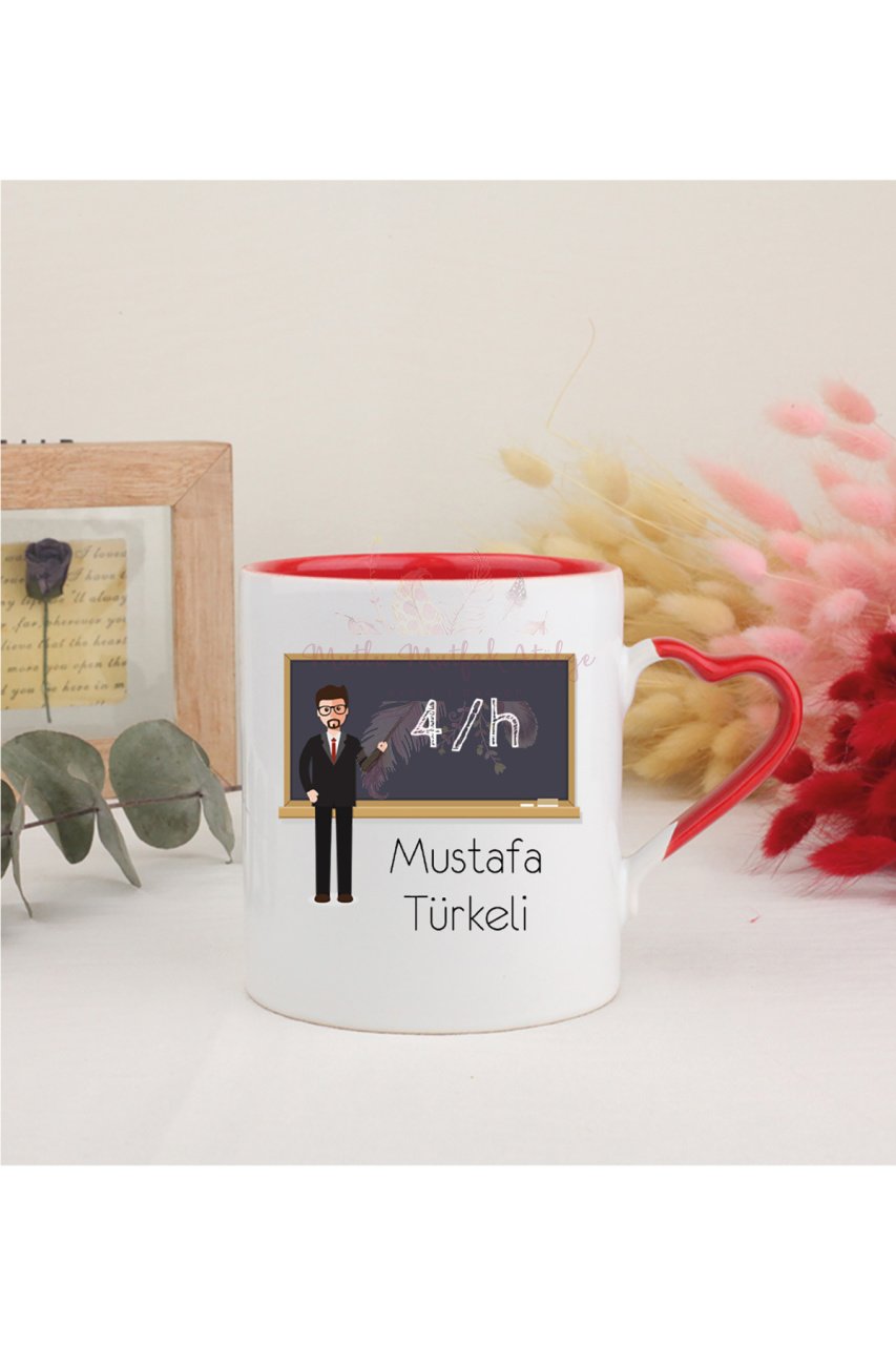 Kişiye Özel Öğretmenler Günü Hediyesi Erkek Öğretmen Mesleki Kırmızı Kalpli Kupa Bardak