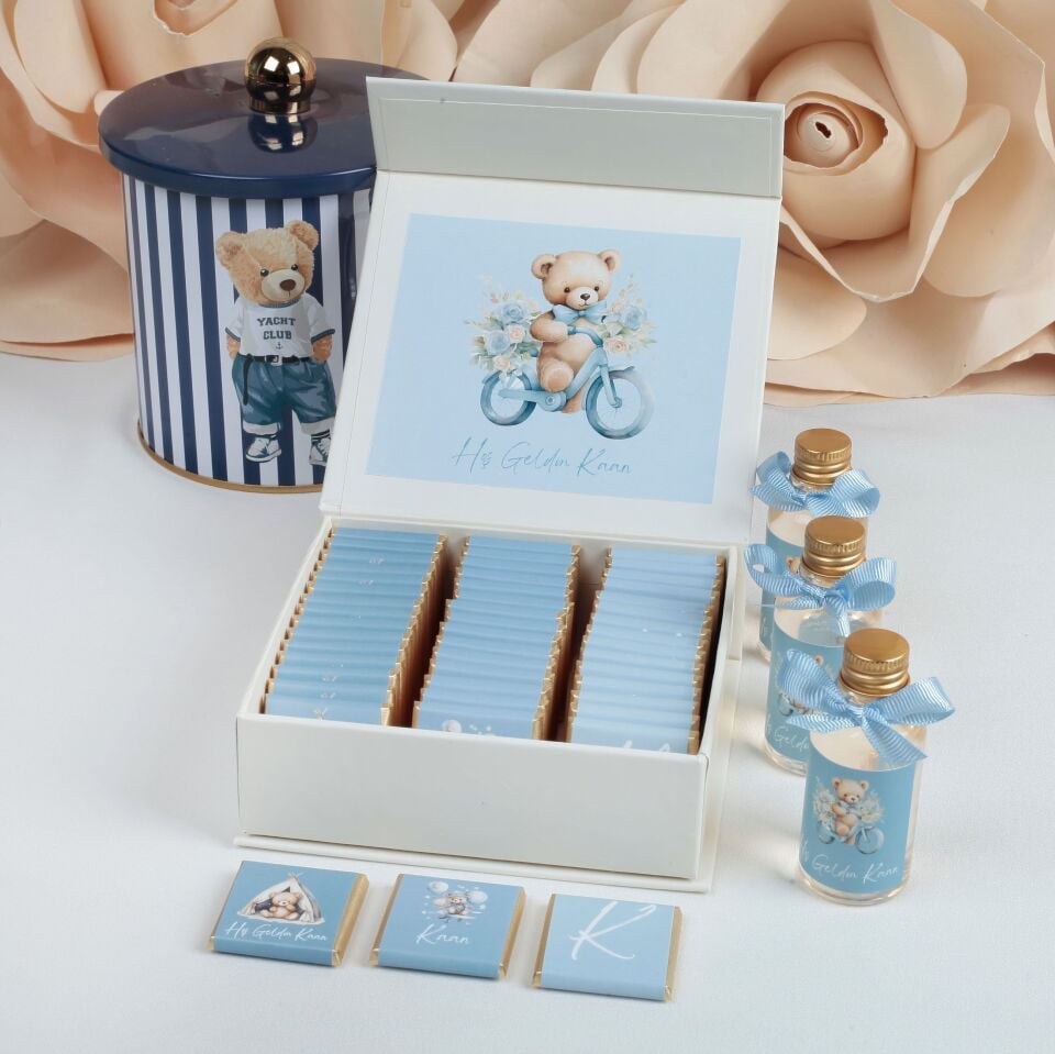 Kişiye Özel Erkek Bebek Çikolatası ve Kolonya Seti (30 Adet),  Valonia Sütlü Çikolata 50 Adet)