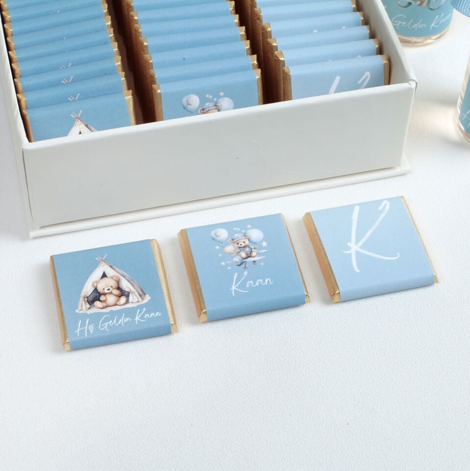 Kişiye Özel Erkek Bebek Çikolatası ve Kolonya Seti (30 Adet),  Valonia Sütlü Çikolata 50 Adet)