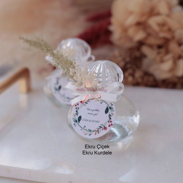 Yuvarlak Cam Şişe Çiçek Süslemeli Hediyelik Kolonya