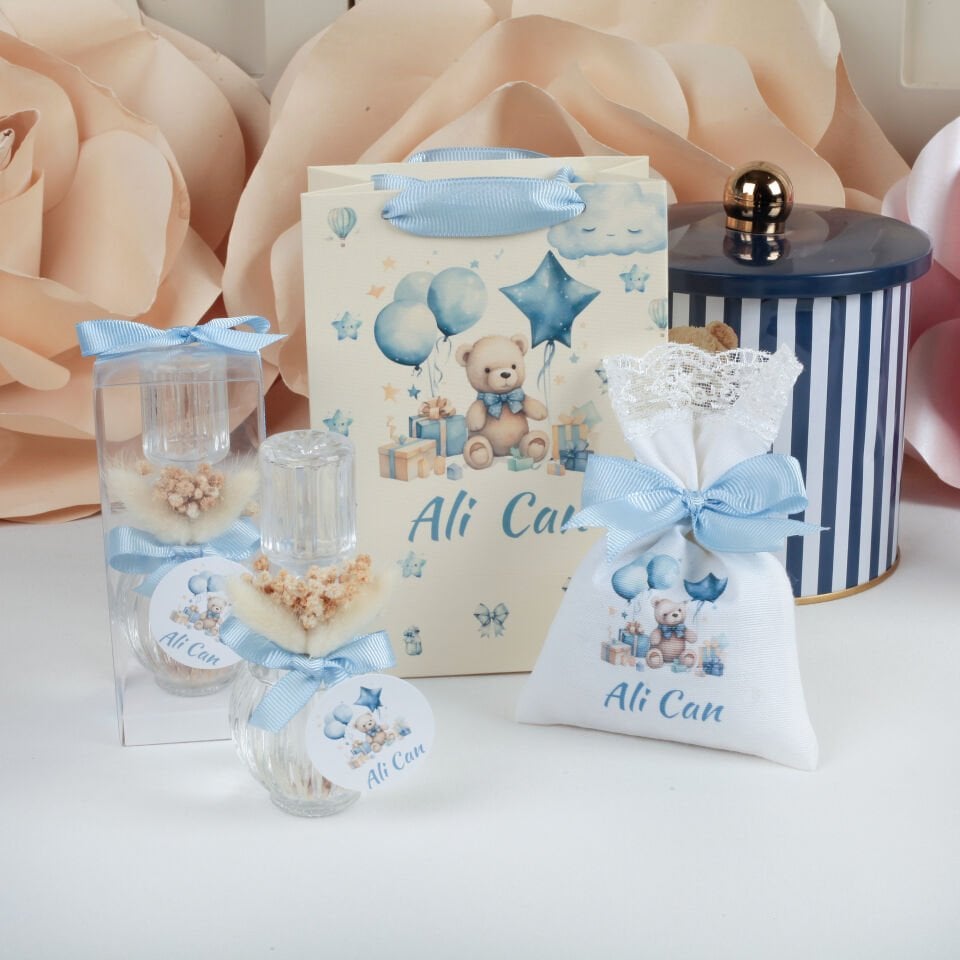 Ayıcık Konseptli Erkek Bebek Hediyeliği Kolonya, Lavanta Kesesi ve Baskılı Çanta Seti