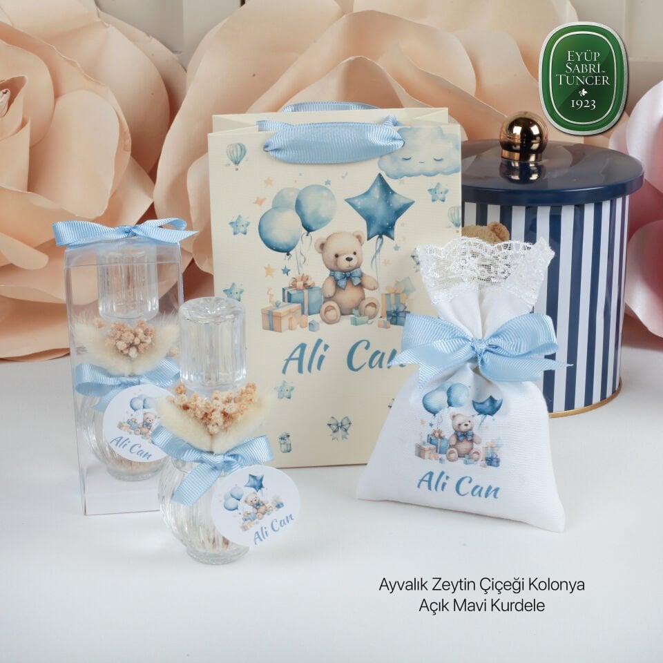 Ayıcık Konseptli Erkek Bebek Hediyeliği Kolonya, Lavanta Kesesi ve Baskılı Çanta Seti