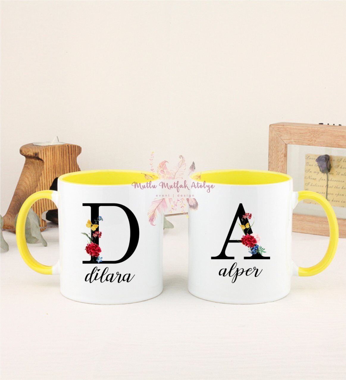 Kişiye Özel Harfli ve İsimli İkili Sarı Kupa Bardak