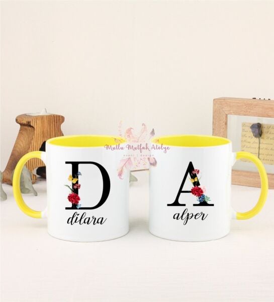 Kişiye Özel Harfli ve İsimli İkili Sarı Kupa Bardak