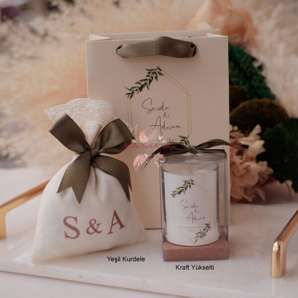 Hediyelik Yükseltili Kokulu Mum, Baskılı Lavanta Kesesi ve Baskılı Karton Çanta Seti