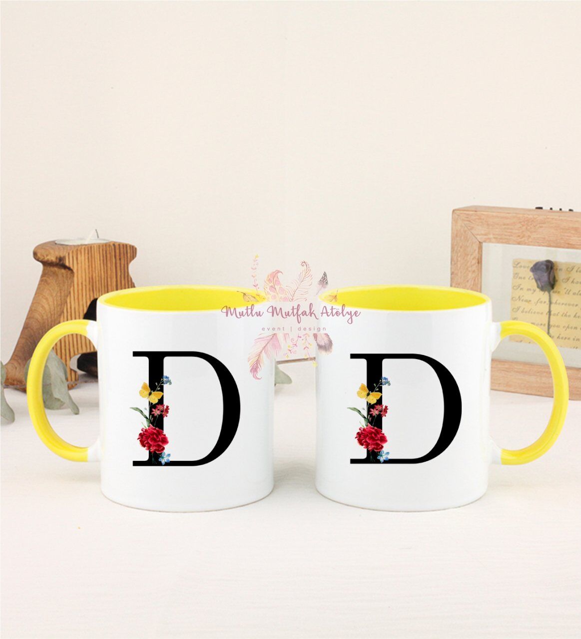 D Harfi Çiçek Desenli İkili Sarı Kupa Bardak
