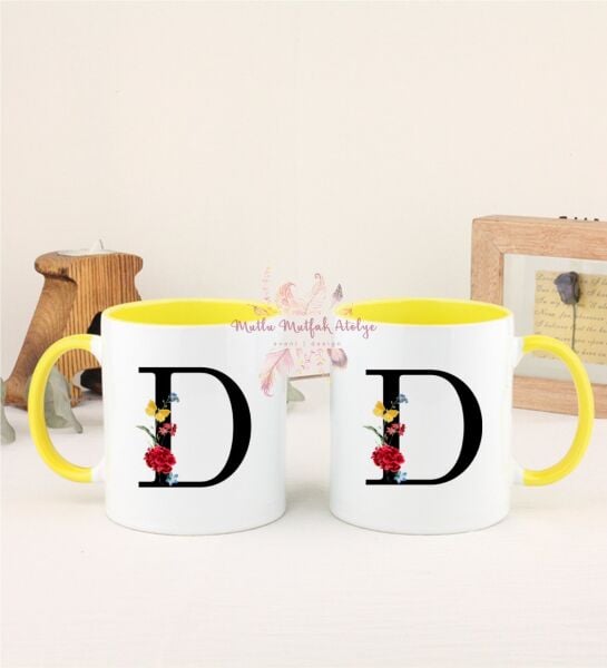 D Harfi Çiçek Desenli İkili Sarı Kupa Bardak