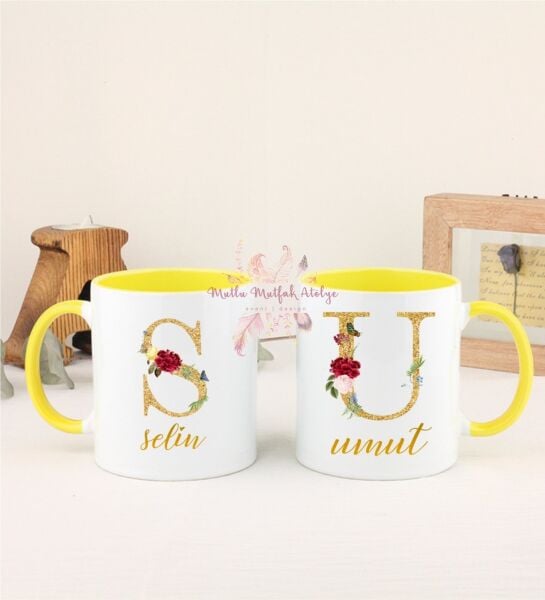 Kişiye Özel Gold Harfli ve İsimli İkili Sarı Kupa Bardak