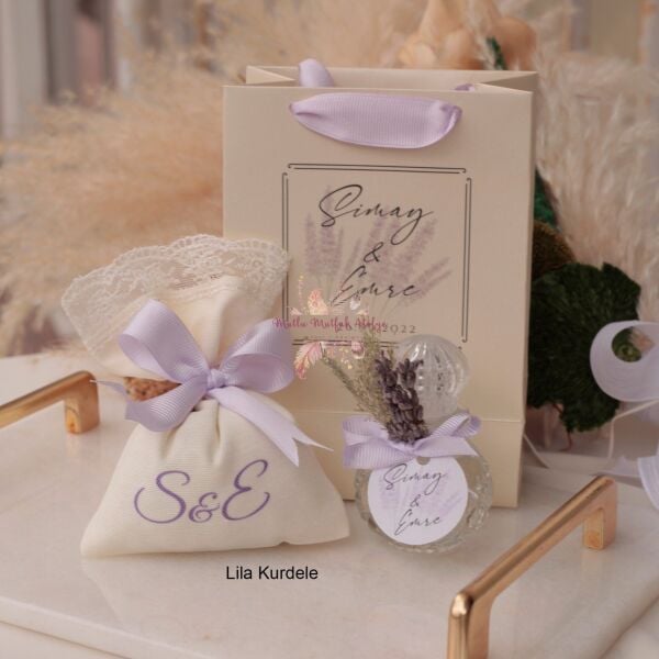 Hediyelik Lavanta Süslemeli Kolonya, Baskılı Lavanta Kesesi ve Baskılı Karton Çanta Seti
