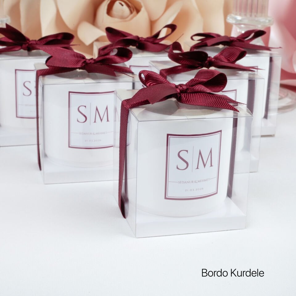 Vanilya Kokulu Kurdeleli Kutulu Beton Mum Nişan Düğün Hediyeliği