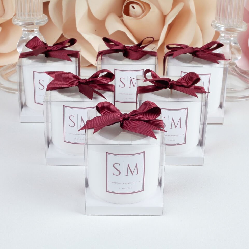 Vanilya Kokulu Kurdeleli Kutulu Beton Mum Nişan Düğün Hediyeliği