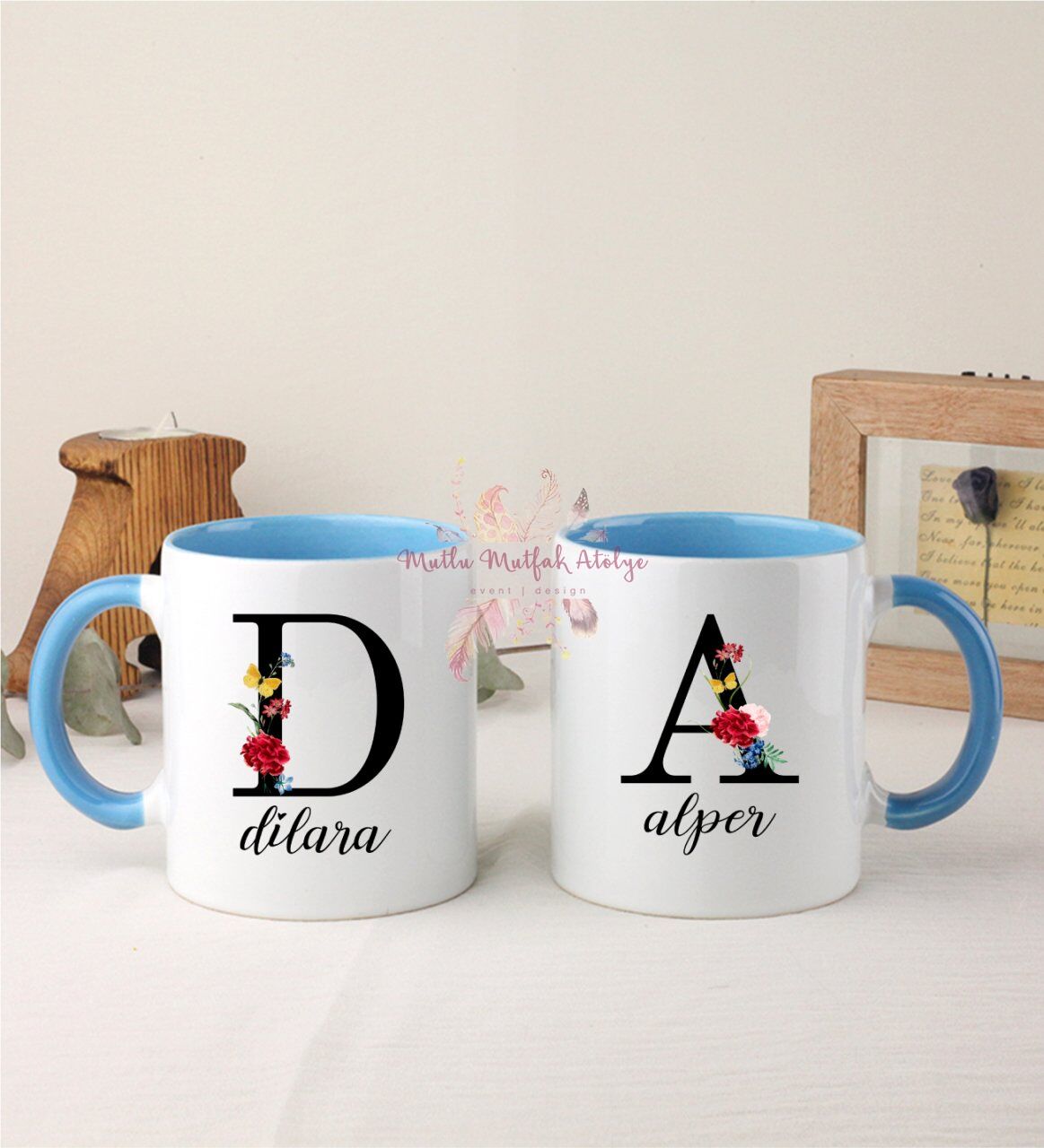 Kişiye Özel Harfli ve İsimli İkili Mavi Kupa Bardak