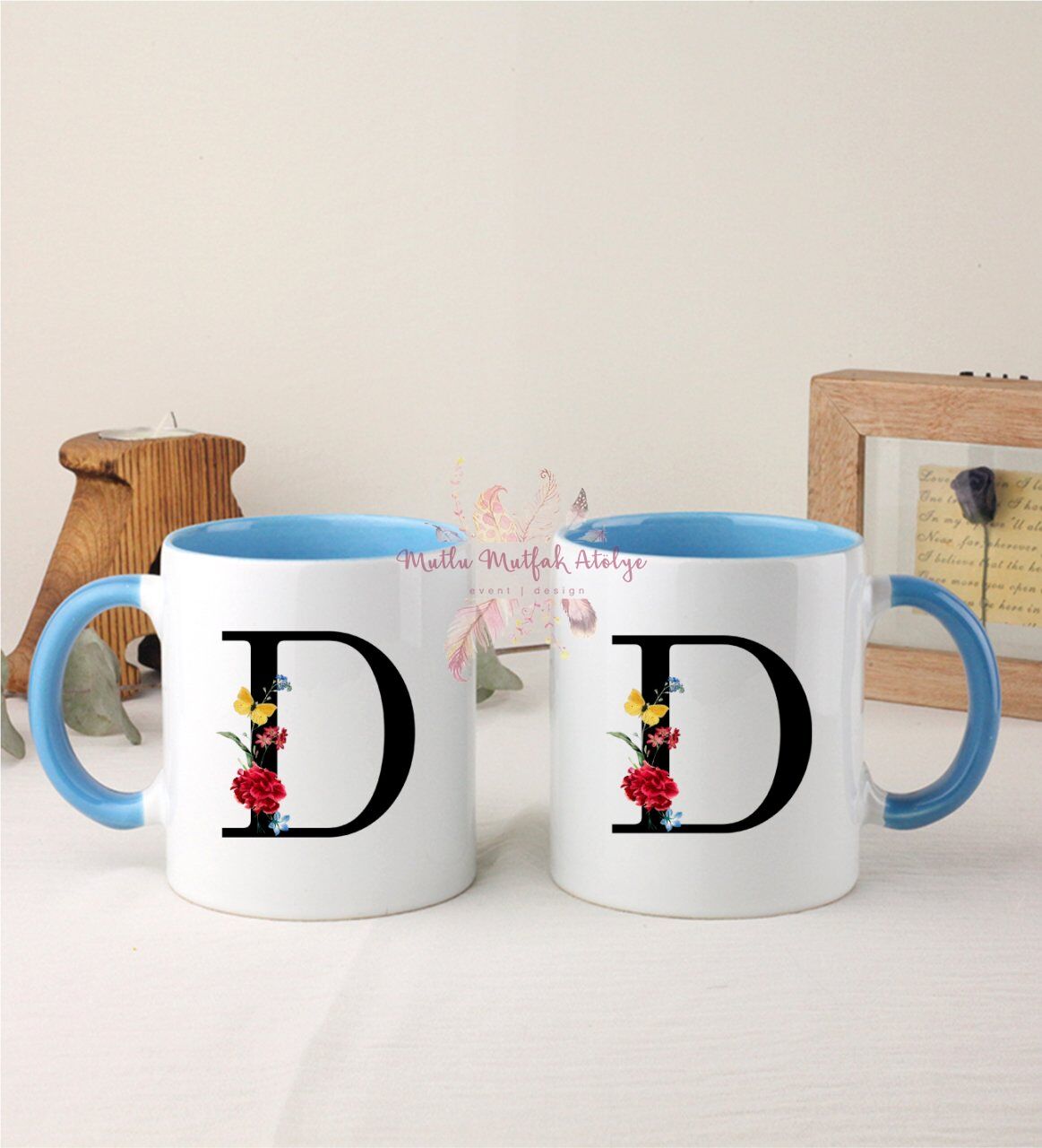 D Harfi Çiçek Desenli İkili Mavi Kupa Bardak