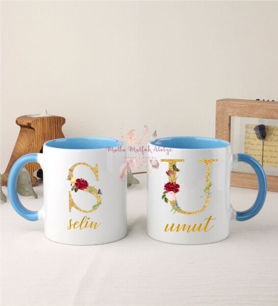 Kişiye Özel Gold Harfli ve İsimli İkili Mavi Kupa Bardak