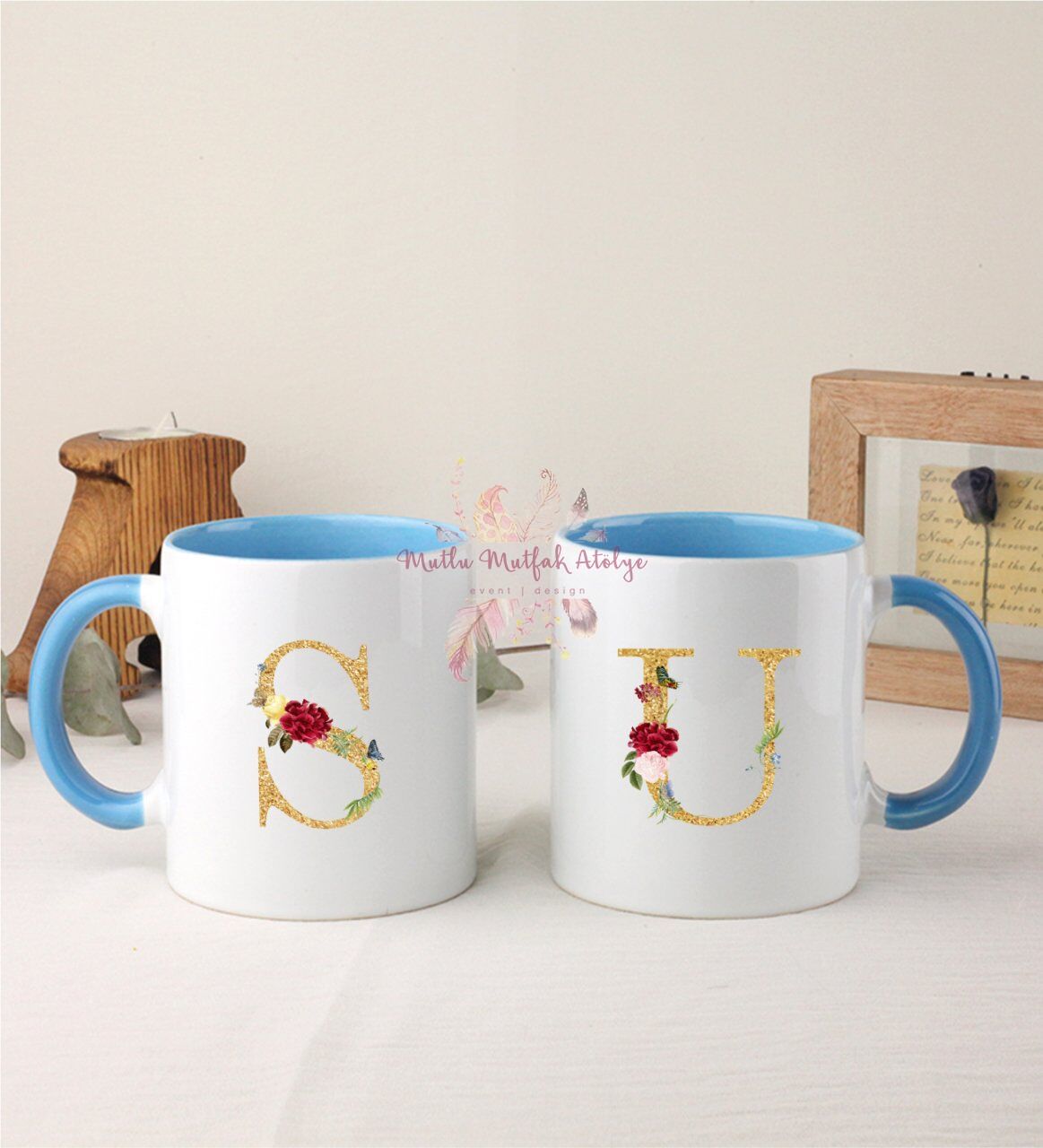 Gold Harfli İkili Mavi Kupa Bardak