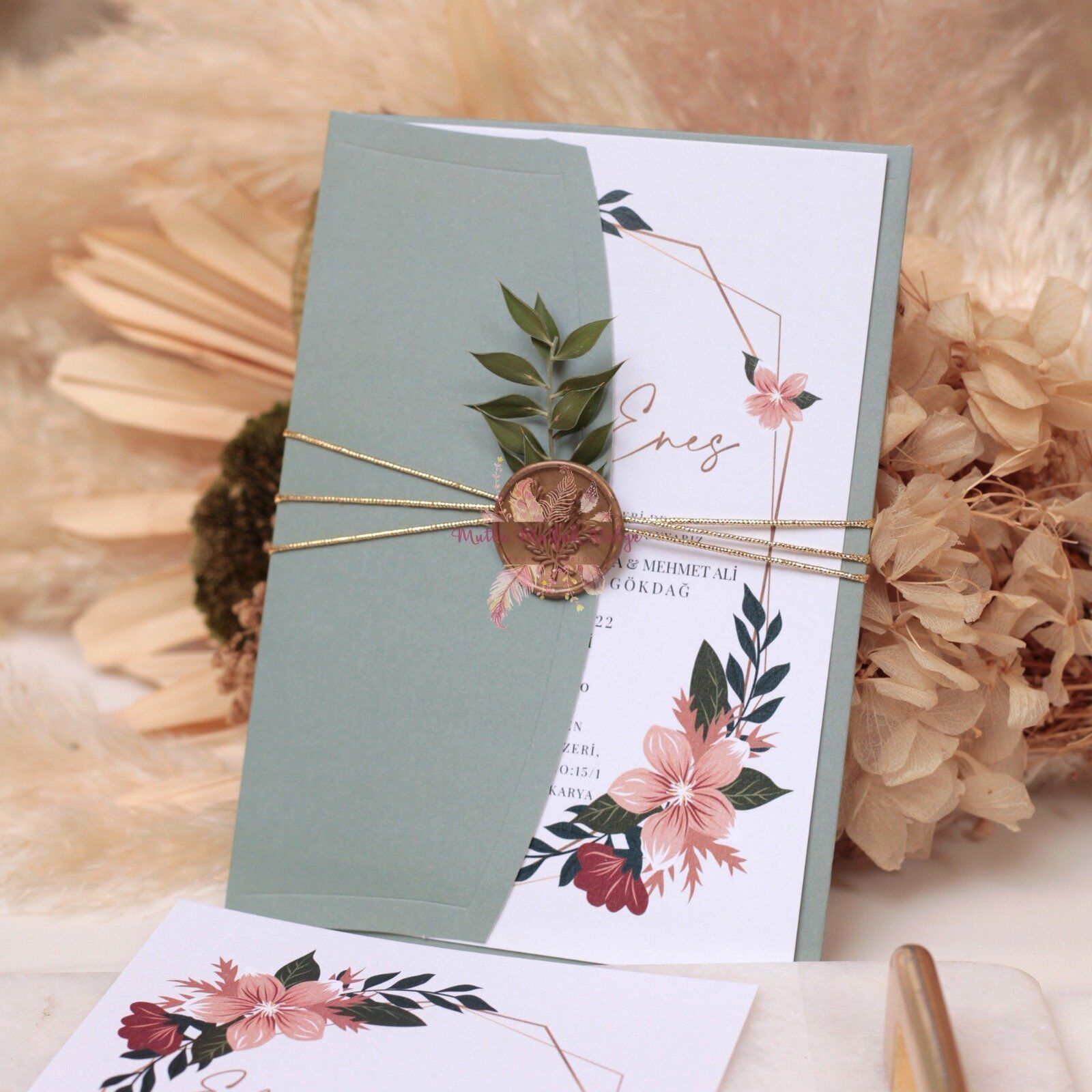 Yeşil Çiçek  Süslemeli Mühürlü Davetiye (50 Ad.)