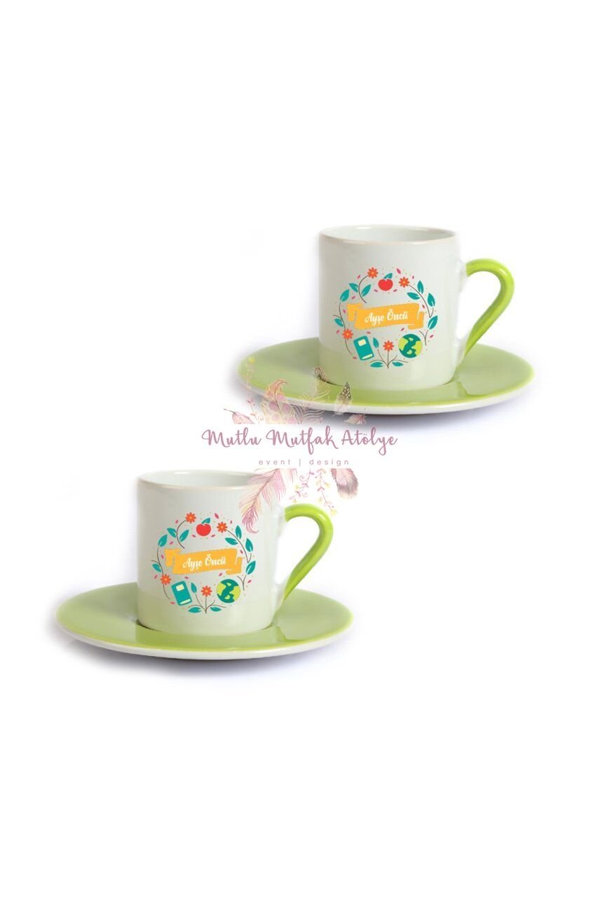 Kişiye Özel Öğretmenler Günü Hediyesi İsimli Desenli İkili Yeşil Türk Kahvesi Fincanı
