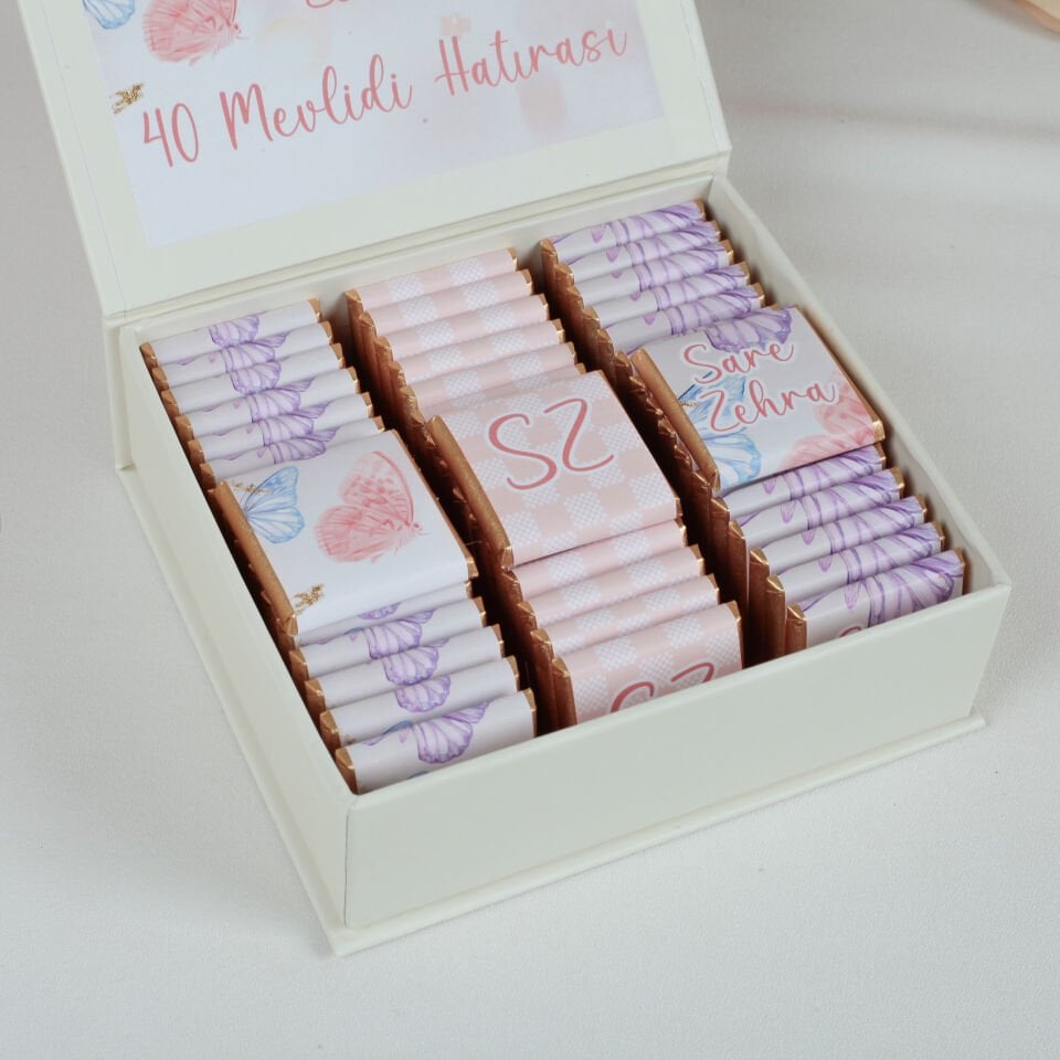 Kişiye Özel Bebek Mevlüt Çikolatası - Kelebek Temalı (Valonia Sütlü Çikolata 50 Adet)