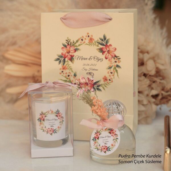 Hediyelik Yükseltili Kokulu Mum,Çiçek Süslemeli Hediyelik Kolonya ve Baskılı Karton Çanta Seti