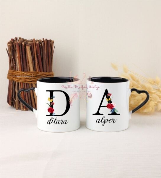 Kişiye Özel Harfli ve İsimli İkili Siyah Kalpli Kupa Bardak