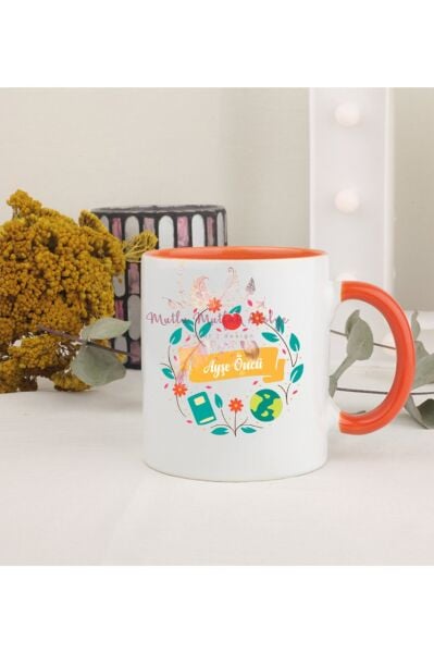 Kişiye Özel Öğretmenler Günü Hediyesi İsimli Desenli Turuncu Kupa Bardak