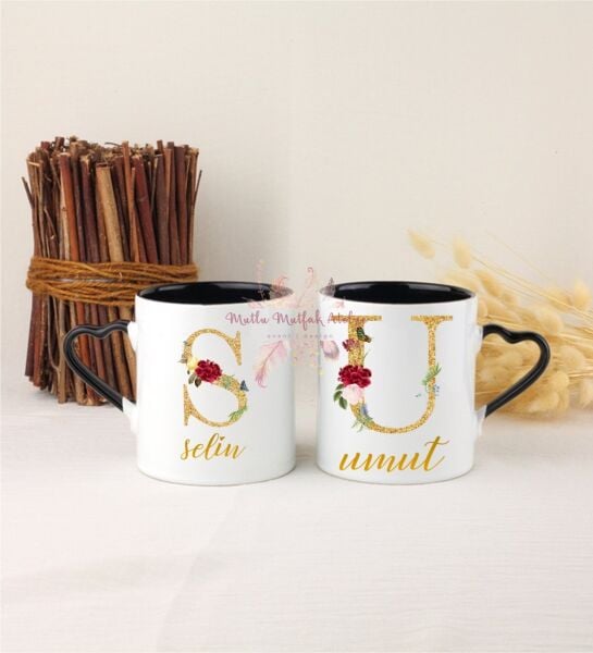 Kişiye Özel Gold Harfli ve İsimli İkili Siyah Kalpli Kupa Bardak