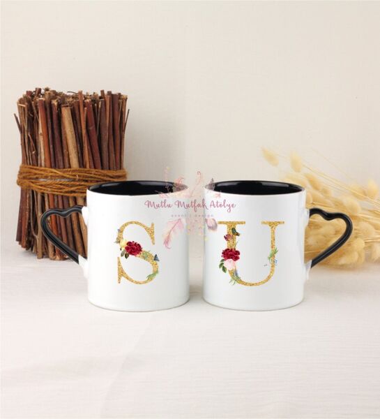 Gold Harfli İkili Siyah Kalpli Kupa Bardak