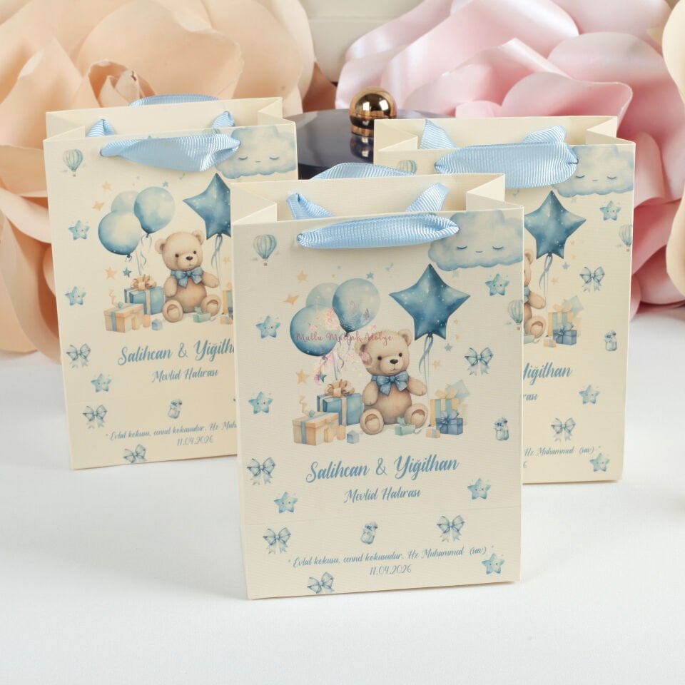 Kişiye Özel İsimli Ayıcık Temalı Mevlid ve Hediye Çantası - 16x12x6.5 cm