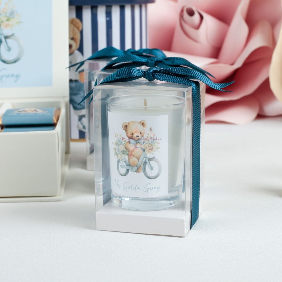 İsimli Bebek Mevlidi ve Baby Shower Hediyesi - Ayıcıklı Cam Mum