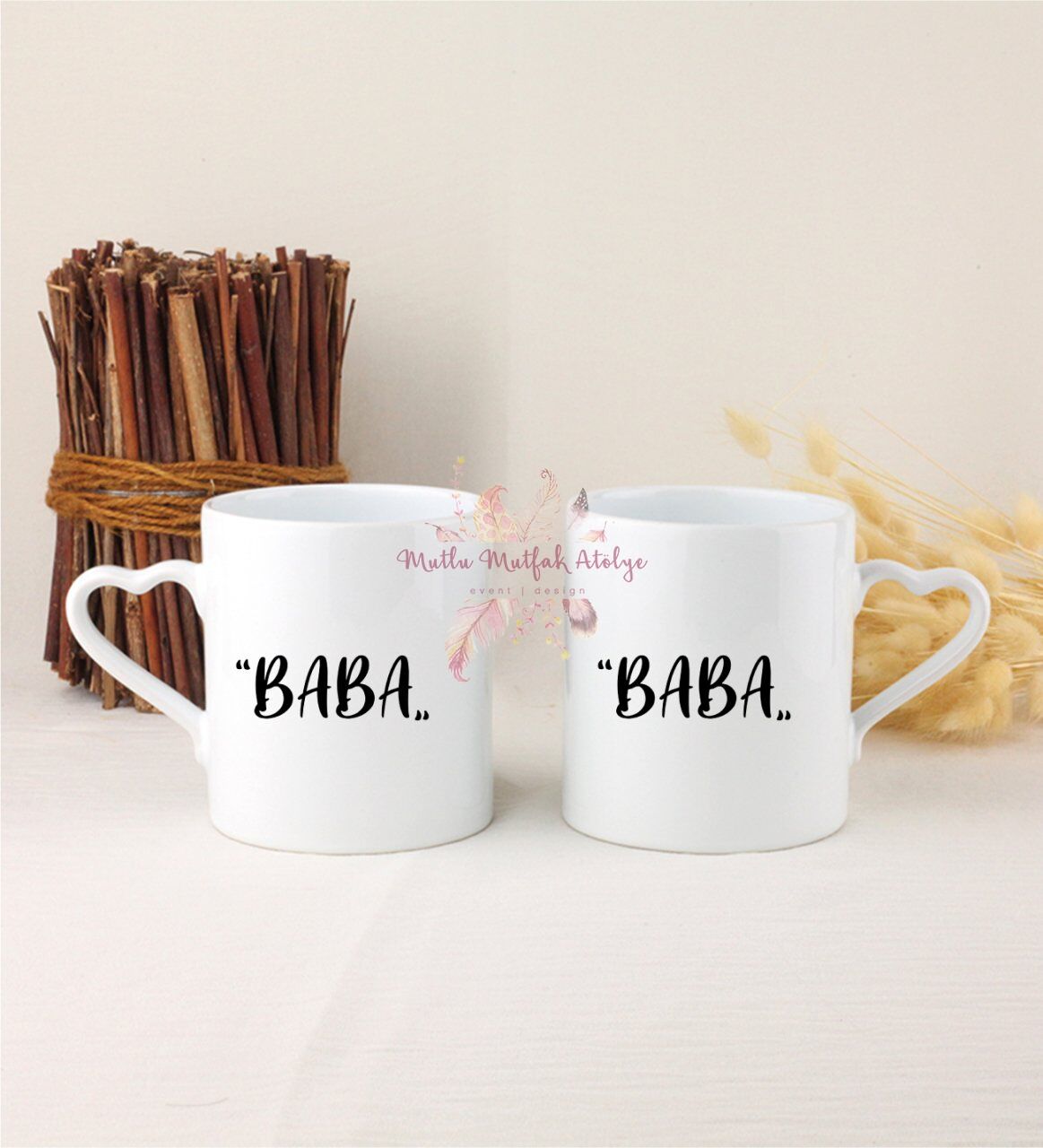 Babalar Günü İkili Beyaz Kalpli Kupa Bardak