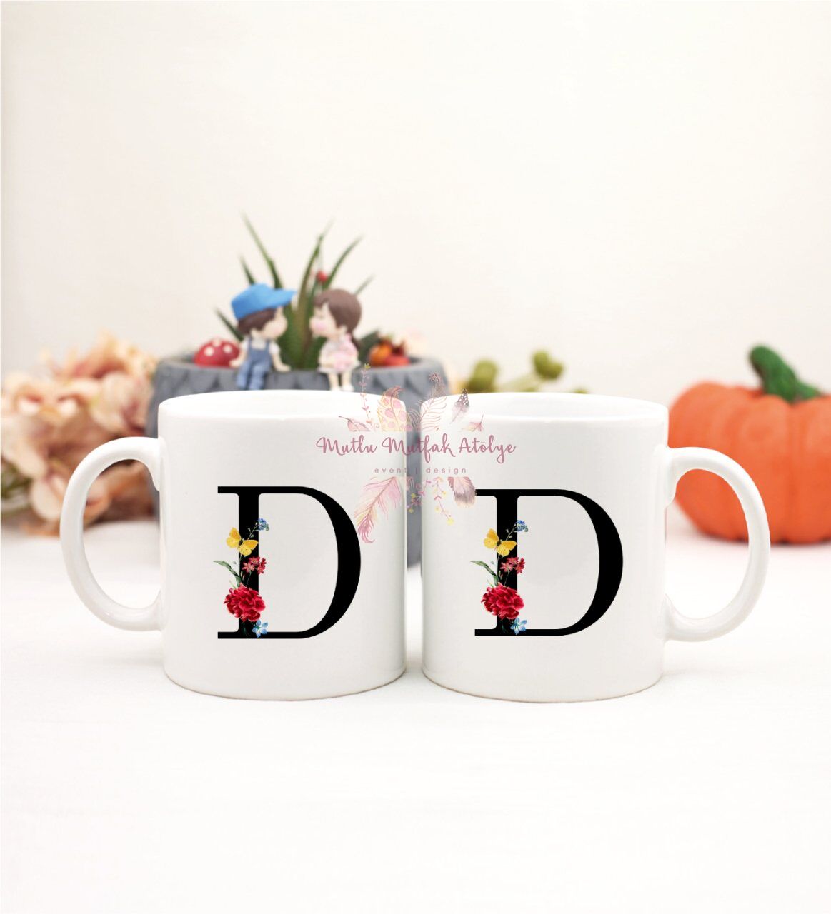 D Harfi Çiçek Desenli İkili Kupa Bardak