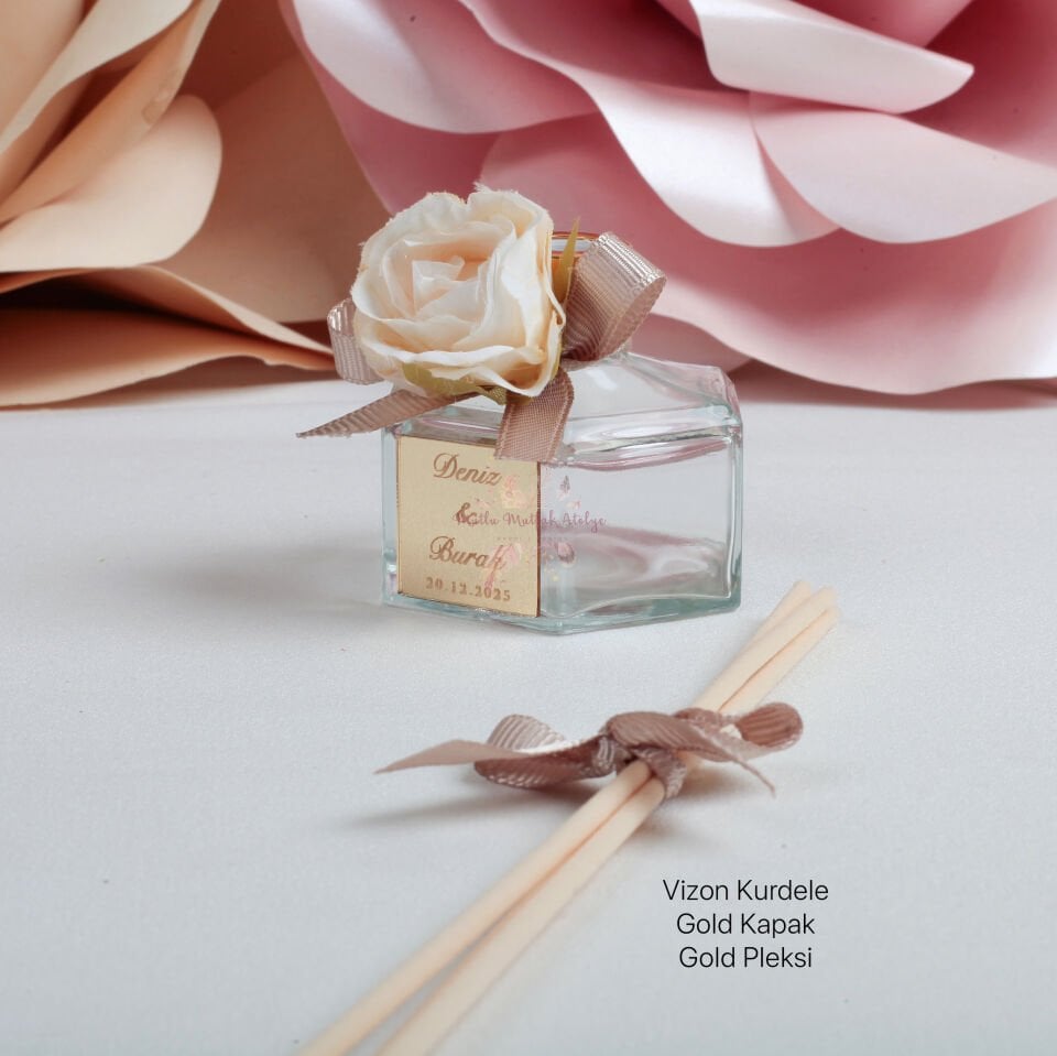 Çiçek Süslemeli Vanilya Oda Kokusu Cam Şişe - Düğün - Nişan Hediyeliği