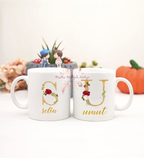 Kişiye Özel Gold Harfli ve İsimli İkili Kupa Bardak