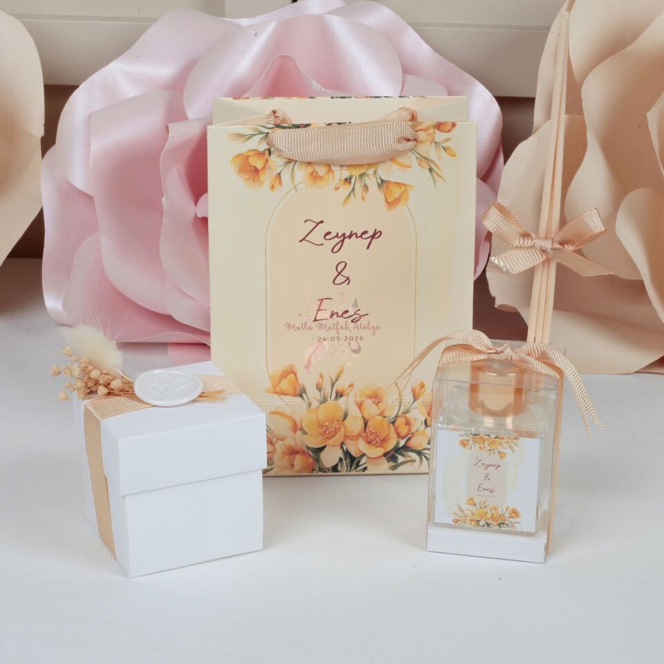 Bahar Konseptli Çantalı Oda Kokusu ve Mum Hediyelik Seti - Nikah, Nişan, Söz ve Kına Hatırası