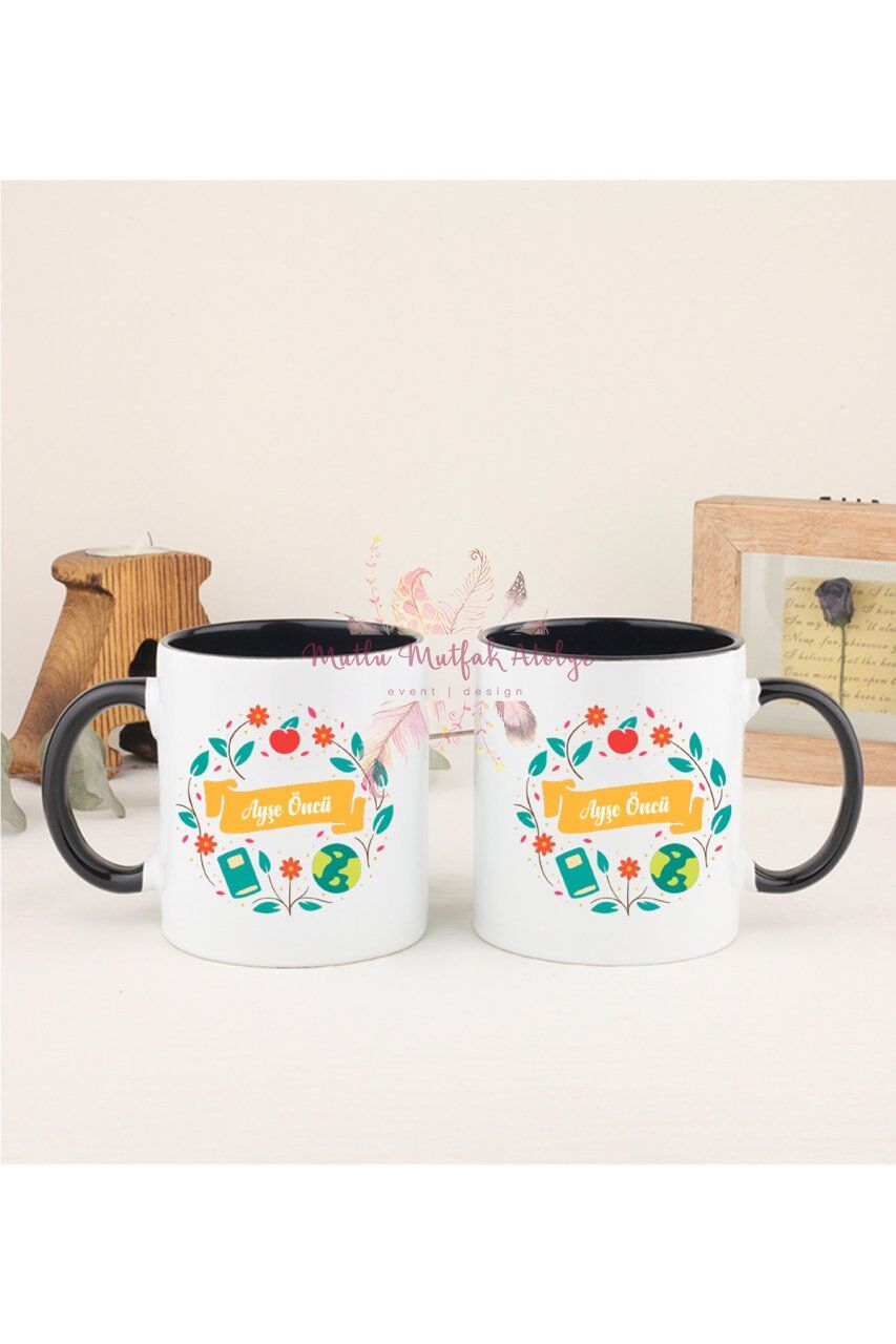 Kişiye Özel Öğretmenler Günü Hediyesi İsimli Desenli İkili Siyah Kupa Bardak