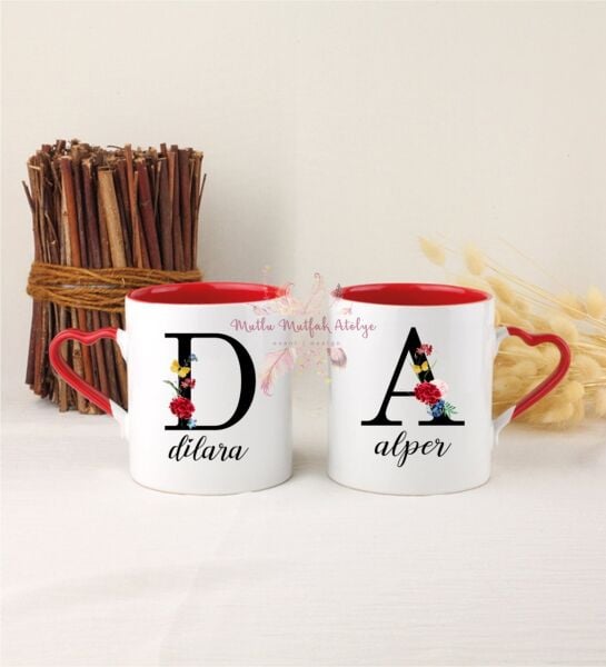 Kişiye Özel Harfli ve İsimli İkili Kırmızı Kalpli Kupa Bardak