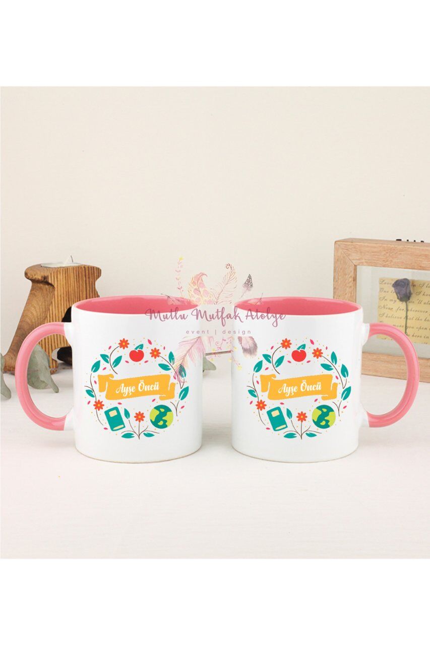 Kişiye Özel Öğretmenler Günü Hediyesi İsimli Desenli İkili Pembe Kupa Bardak