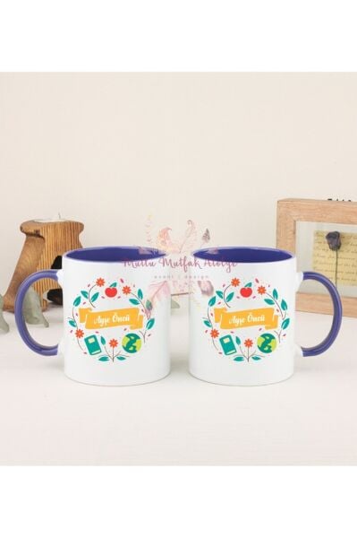 Kişiye Özel Öğretmenler Günü Hediyesi İsimli Desenli İkili Lacivert Kupa Bardak