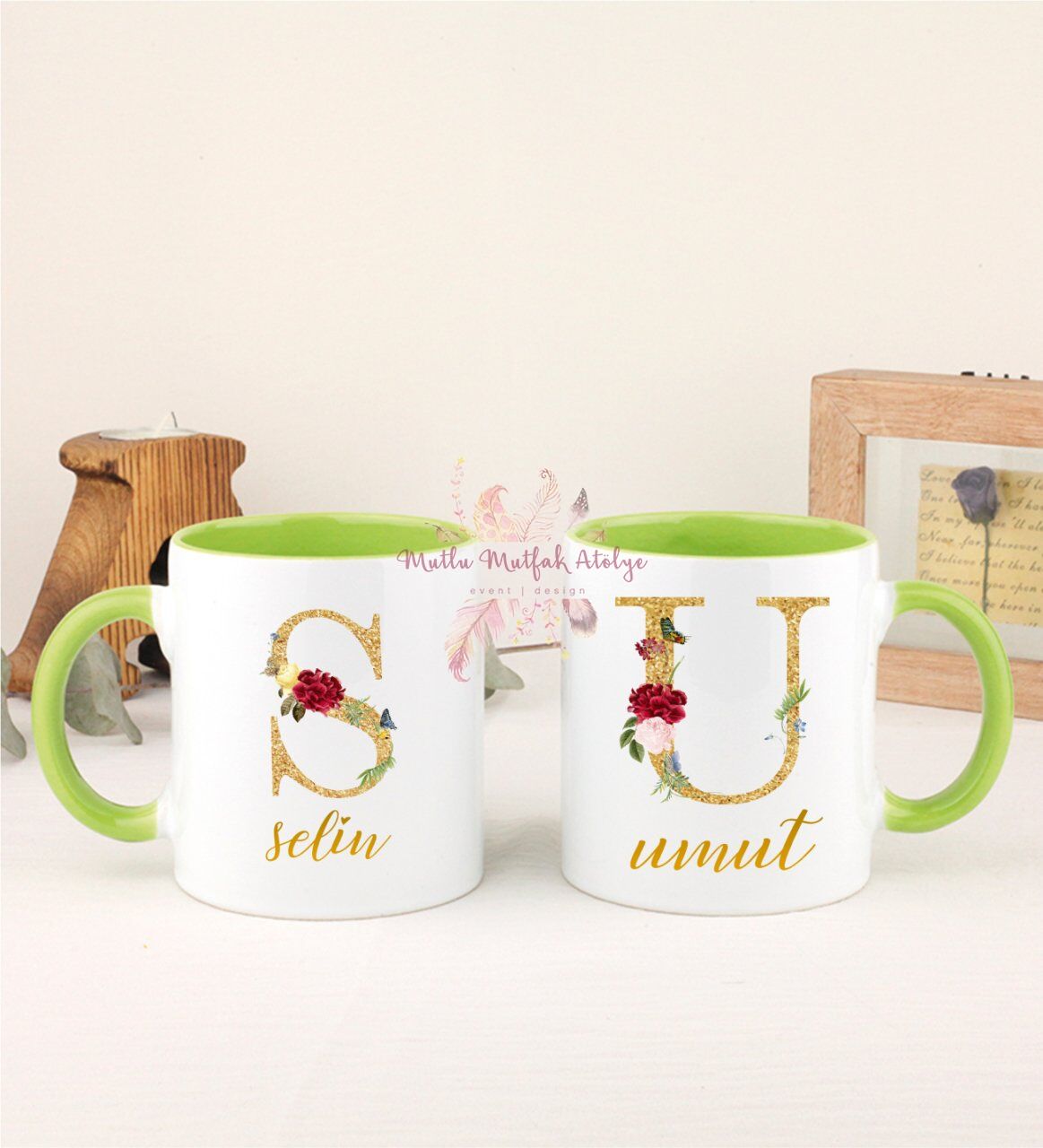 Kişiye Özel Gold Harfli ve İsimli İkili Yeşil Kupa Bardak