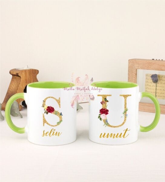 Kişiye Özel Gold Harfli ve İsimli İkili Yeşil Kupa Bardak