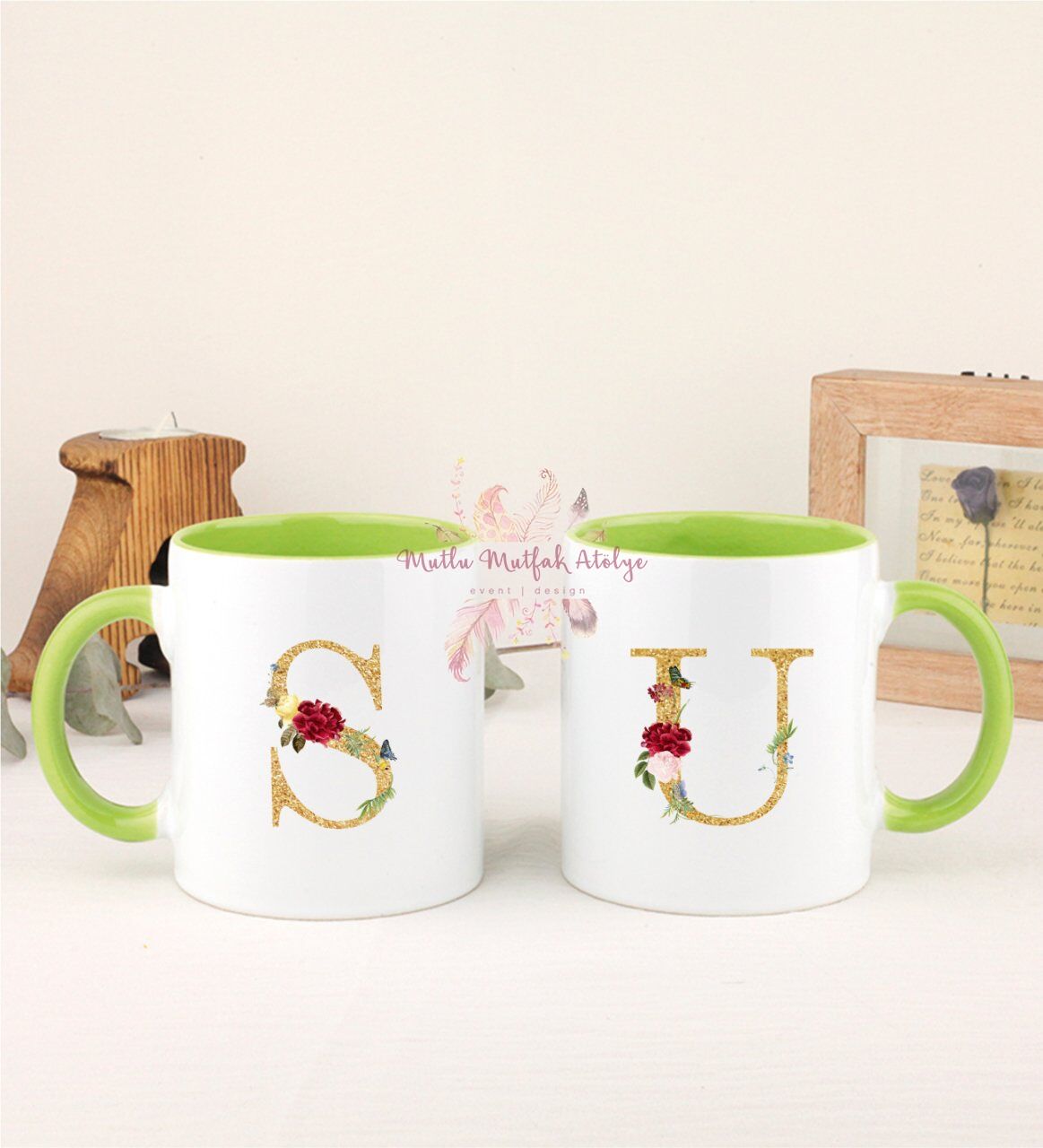 Gold Harfli İkili Yeşil Kupa Bardak