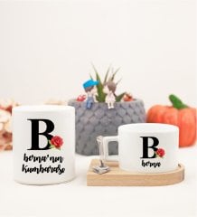 Kişiye Özel Ahşap Altlıklı Kahve Fincanı ve Kumbara Seti B Harfi