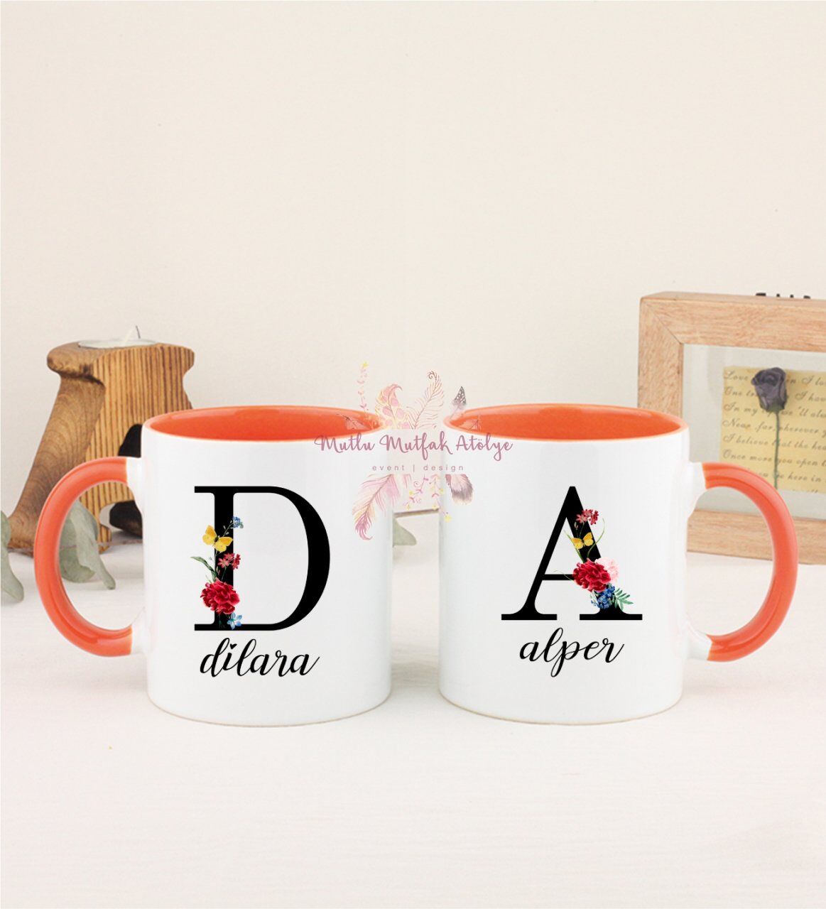 Kişiye Özel Harfli ve İsimli İkili Turuncu Kupa Bardak