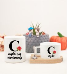 Kişiye Özel Ahşap Altlıklı Kahve Fincanı ve Kumbara Seti C Harfi