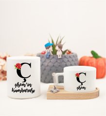 Kişiye Özel Ahşap Altlıklı Kahve Fincanı ve Kumbara Seti Ç Harfi