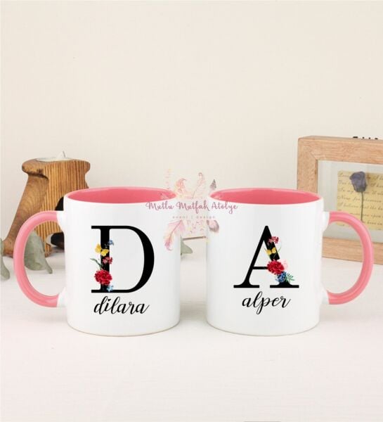 Kişiye Özel Harfli ve İsimli İkili Pembe Kupa Bardak