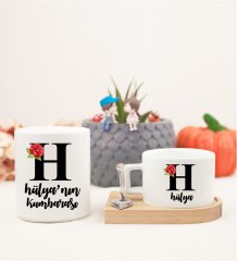 Kişiye Özel Ahşap Altlıklı Kahve Fincanı ve Kumbara Seti H Harfi
