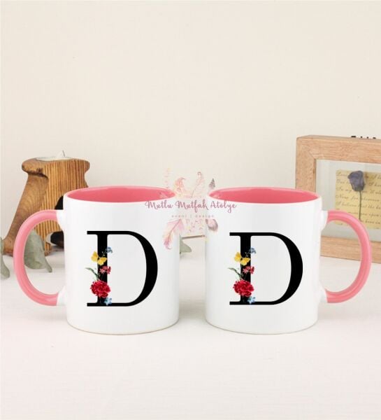 D Harfi Çiçek Desenli İkili Pembe Kupa Bardak